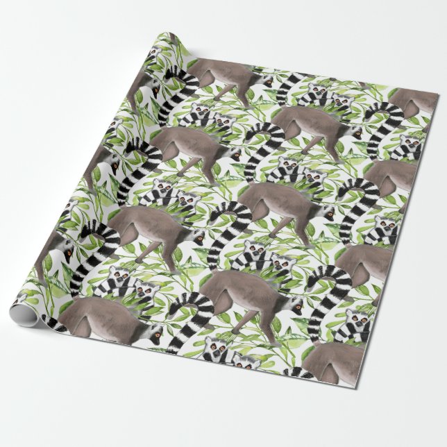 Ring-Tailed Lemurs of Madagascar in the Jungle Wrapping Paper (Unrolled)