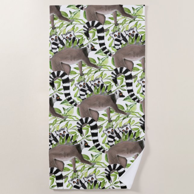 Ring-tailed Lemurs of Madagascar Tropical Jungle Beach Towel (Front)