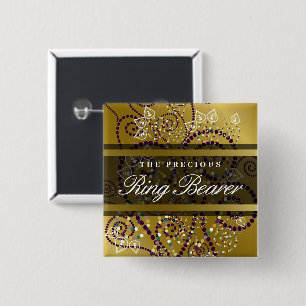RINGBEARER Boho Purple Spirals Gold Wedding Button