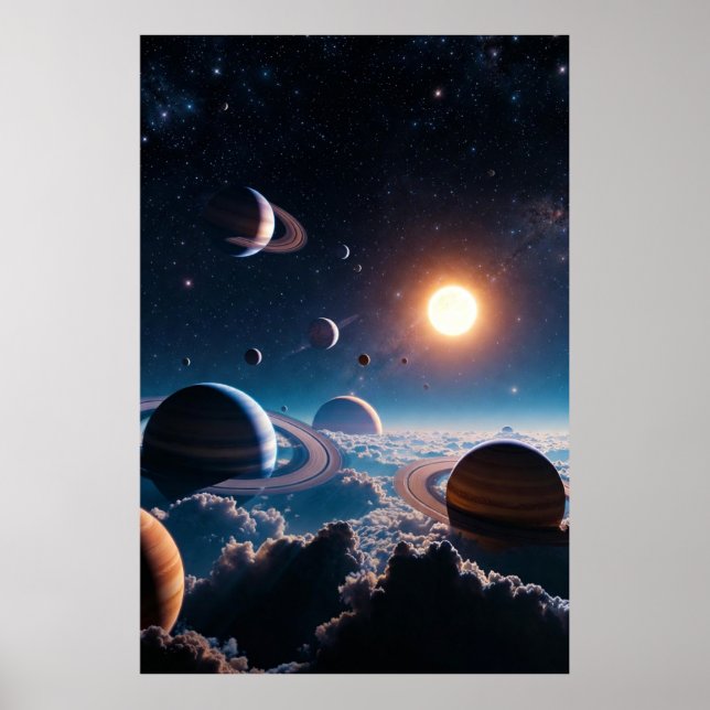 Ringed Worlds Above the Clouds – Cosmic Planetary  Poster (Front)