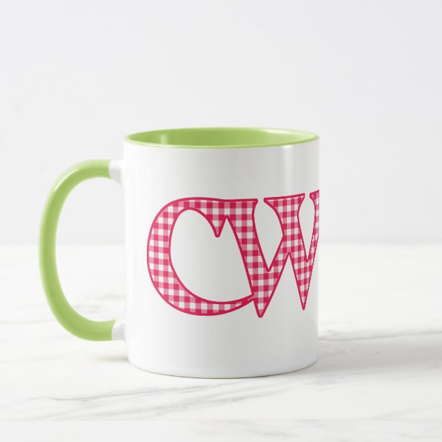 Ringer Coffee Mug, Welsh Cwtch, Red Check Gingham Mug (Left)