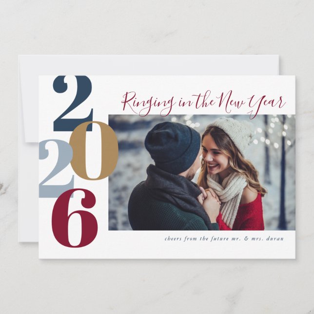 Ringing in the New Year Engagement Photo Holiday Card (Front)