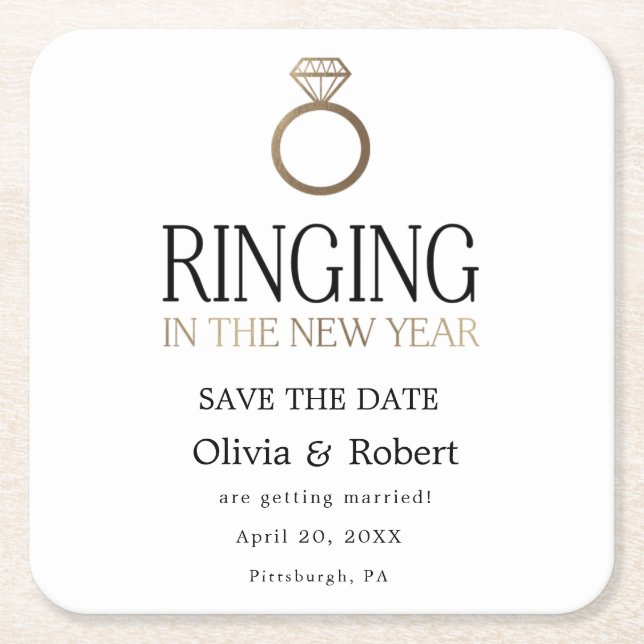 Ringing in the New Year Save the Date with Photo Square Paper Coaster (Front)