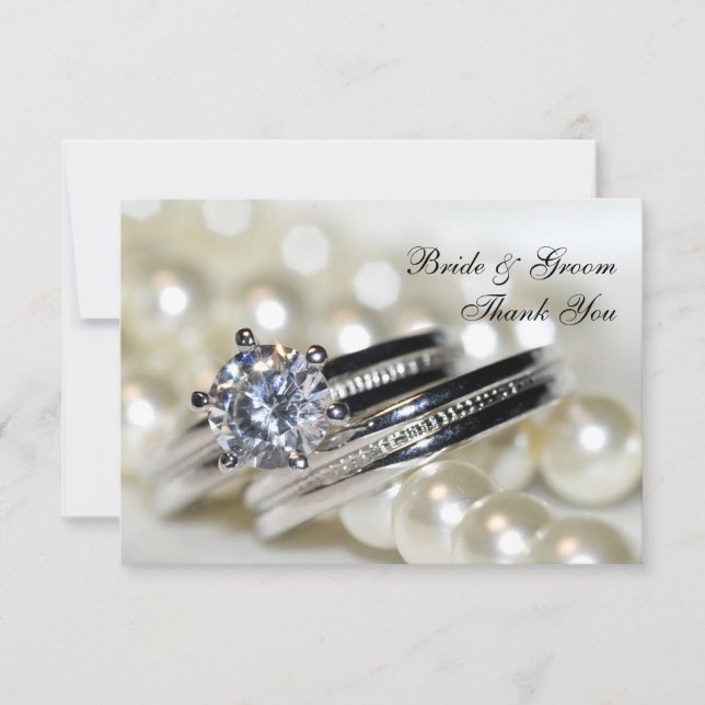 Rings and White Pearls Wedding Flat Thank You Note Invitation (Front)