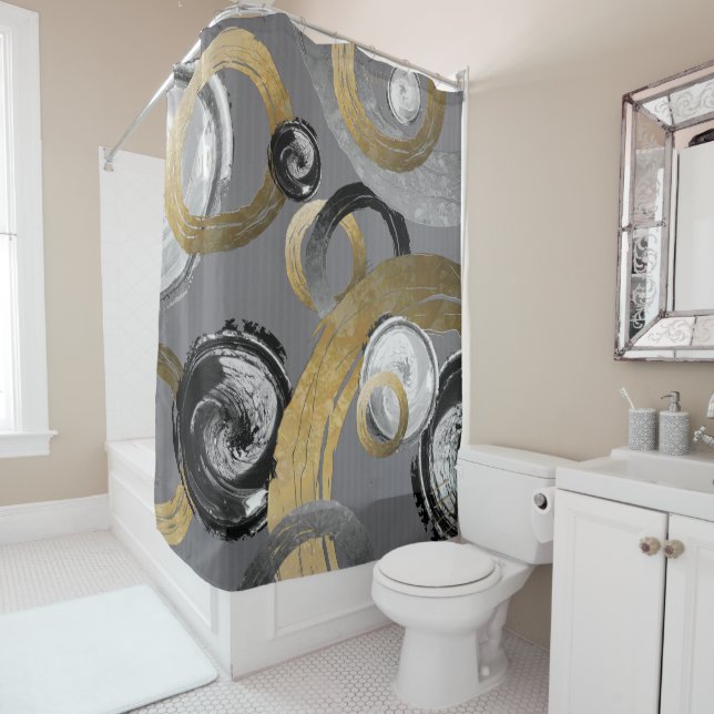 Rings Circles Modern Abstract Gold Black Grey Shower Curtain (In Situ)