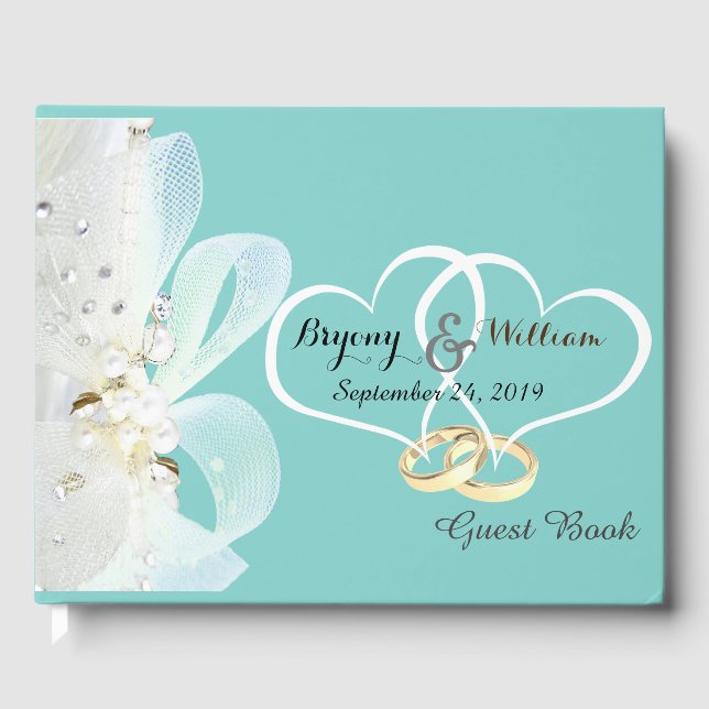 Rings Lace and Pearls Aqua Blue Wedding Guest Book (Front)