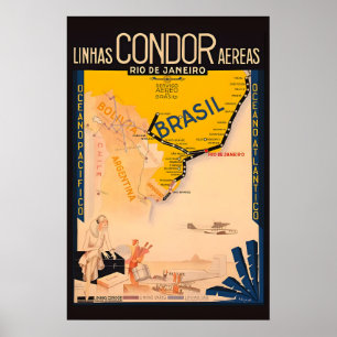 Rio de Janeiro 1930s Condor Airline Vintage Style Poster