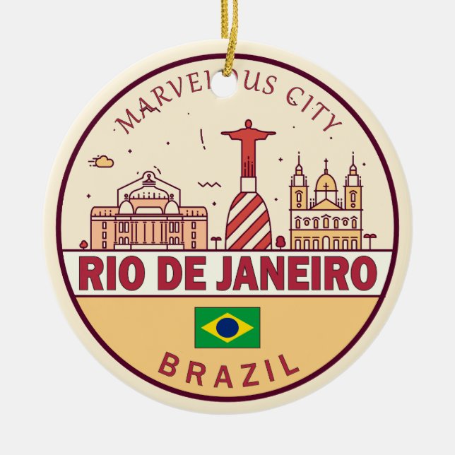 Rio de Janeiro Brazil City Skyline Emblem Ceramic Tree Decoration (Front)