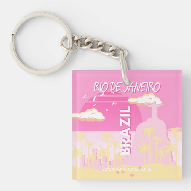 Rio de Janeiro Brazil Travel Art Pink Illustration Key Ring (Front)
