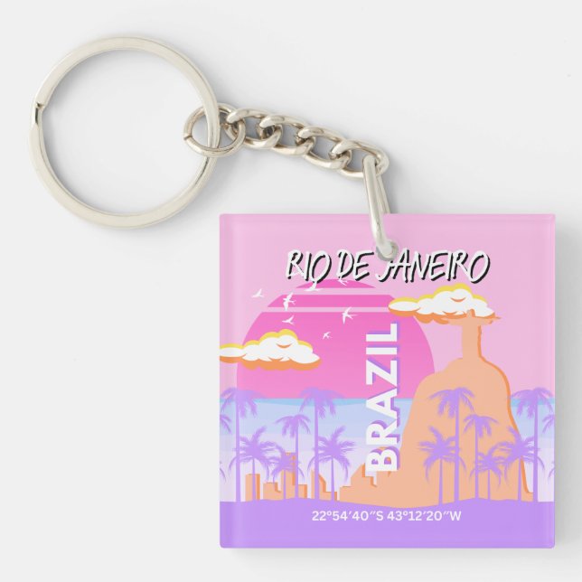 Rio de Janeiro Brazil Travel Art Pink Poster Key Ring (Front)