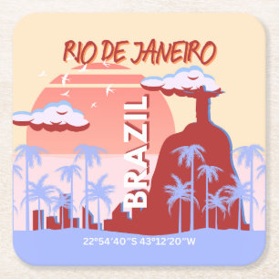Rio de Janeiro Brazil Travel Art Retro Poster Square Paper Coaster