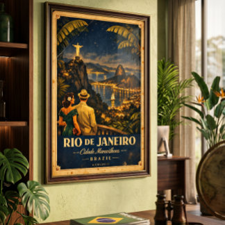 Rio de Janeiro Night Vintage Travel Poster
