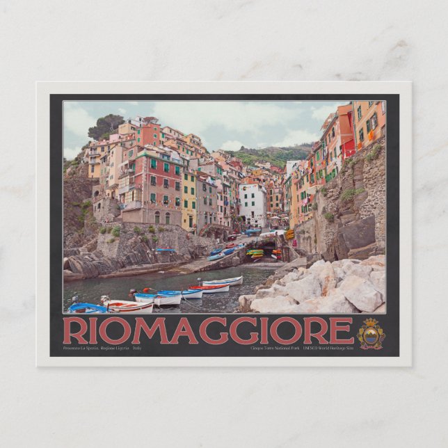 Riomaggiore Harbour - on Black.jpg Postcard (Front)