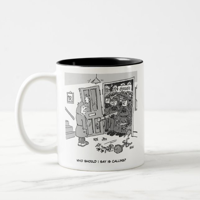 Riot Police Raid a Property - Funny Police Theme Two-Tone Coffee Mug (Left)
