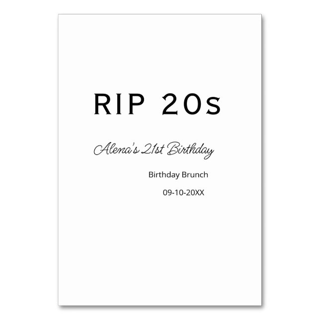 RIP 20s 21st birthday simple minimal brunch date n Table Number (Front)