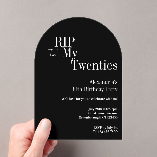 RIP 20s 30th Birthday Party Black and White Acrylic Invitations (Insitu (Handheld))
