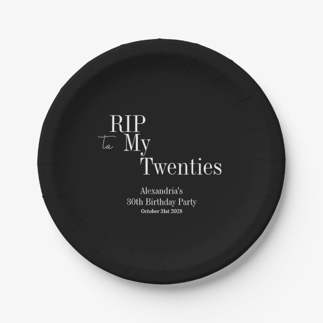 RIP 20s 30th Birthday Party Black and White Paper Plate (Front)