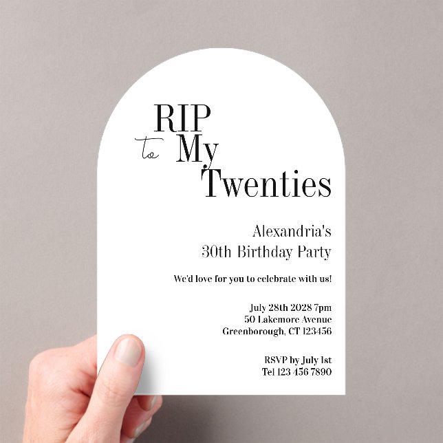 RIP 20s 30th Birthday Party Minimal White Acrylic Invitations (Insitu (Handheld))