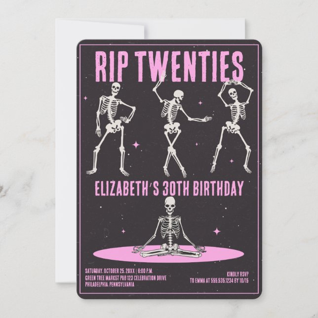 RIP 20s Black Pink Funny Skull 30th Birthday Party Invitation (Front)