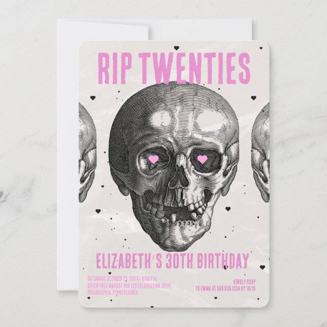 RIP 20s Black Pink Funny Skull 30th Birthday Party Invitation (Front)