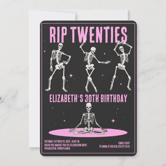 RIP 20s Black Pink Funny Skull 30th Birthday Party Invitation (Front)