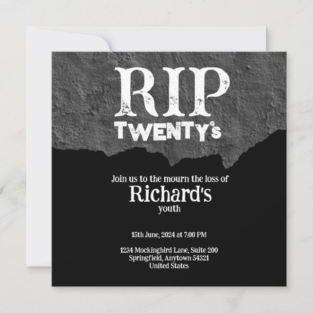 Rip 20's funny black 30th birthday invitation (Front)