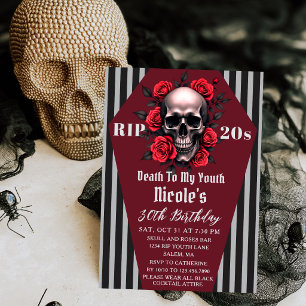 RIP 20s Skull & Red Roses Gothic 30th Birthday Invitation