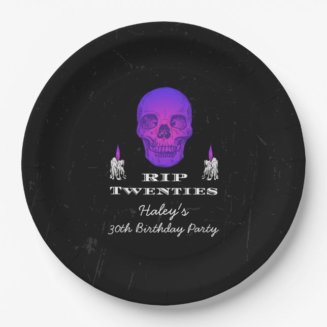 RIP 20s Twenties Purple Skull Gothic 30th Birthday Paper Plate (Front)