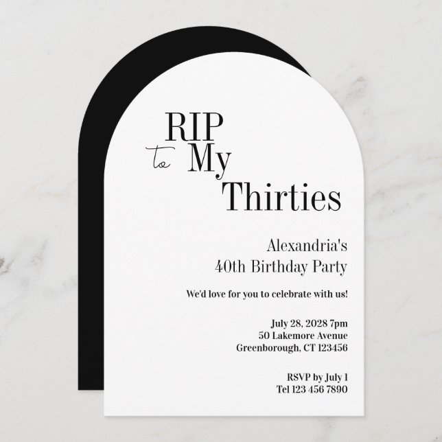 RIP 30s 40th Birthday Black White Minimal Party Invitation (Front/Back)