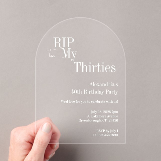 RIP 30s 40th Birthday Party Acrylic Invitations (Insitu (Handheld))