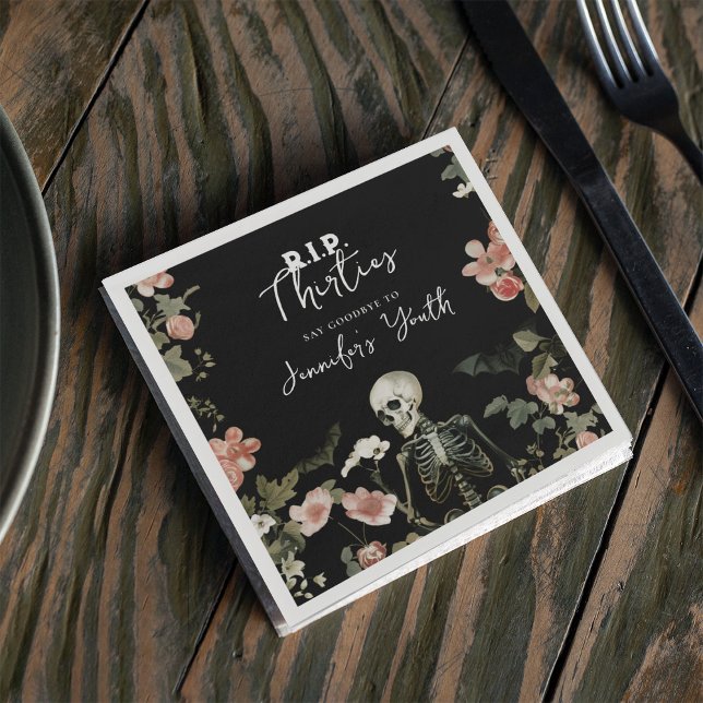 RIP 30s Skeleton Pink Floral 40th Birthday Party Napkin (Creator Uploaded)