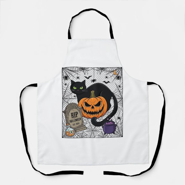 Rip Halloween Black Cat Pumpkin Tombstone Cauldron Apron (Front)