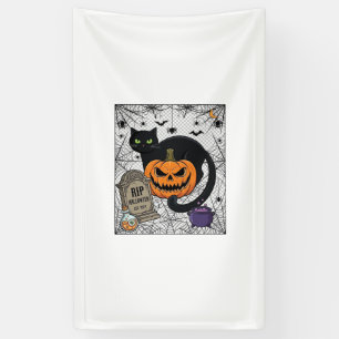 Rip Halloween Black Cat Pumpkin Tombstone Cauldron Banner