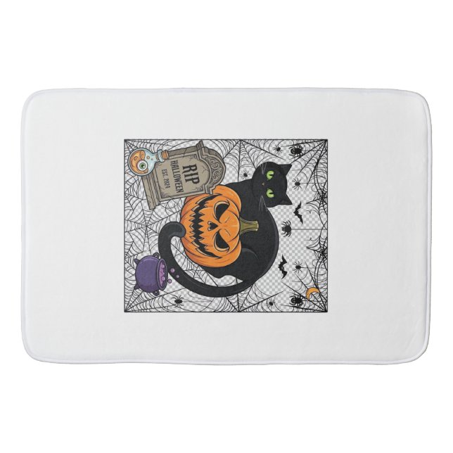 Rip Halloween Black Cat Pumpkin Tombstone Cauldron Bath Mat (Front)