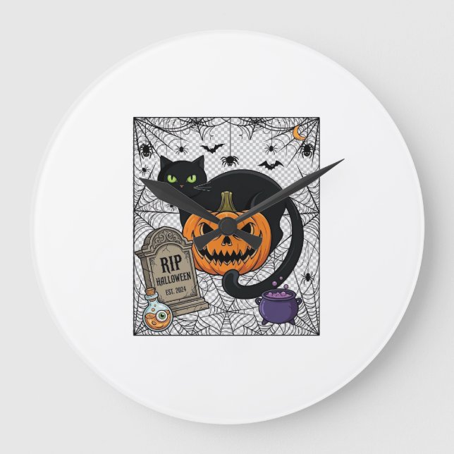 Rip Halloween Black Cat Pumpkin Tombstone Cauldron Large Clock (Front)