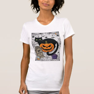 Rip Halloween Black Cat Pumpkin Tombstone Cauldron T-Shirt
