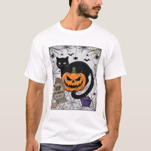 Rip Halloween Black Cat Pumpkin Tombstone Cauldron T-Shirt