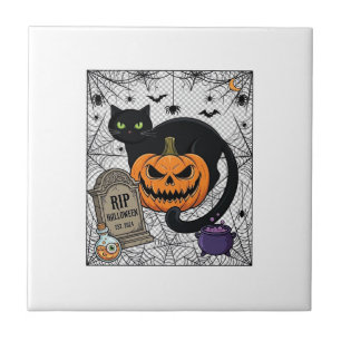 Rip Halloween Black Cat Pumpkin Tombstone Cauldron Tile