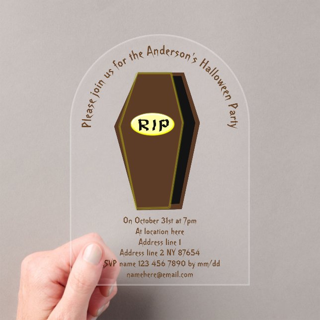 RIP Halloween Coffin of Doom Custom Acrylic Invitations (Insitu (Handheld))