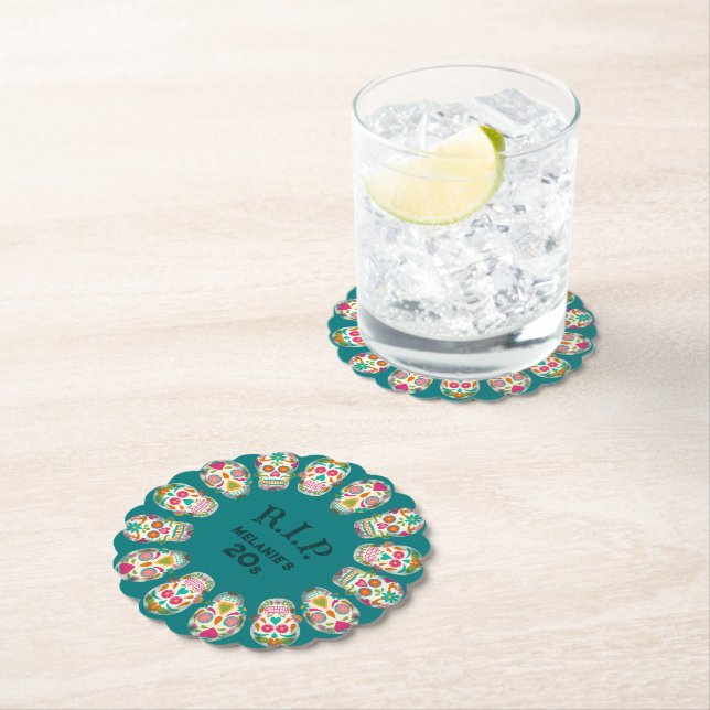 RIP my 20s Custom Age Sugar Skulls Birthday Paper Coaster (Insitu)