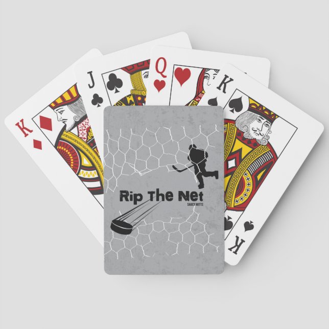 Rip the Net Hockey Player Puck on grey Playing Cards (Back)