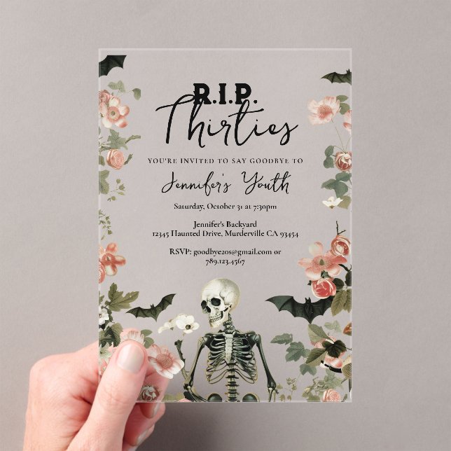 RIP Thirties Black Skeleton 40th Birthday Party Acrylic Invitations (Insitu (Handheld))
