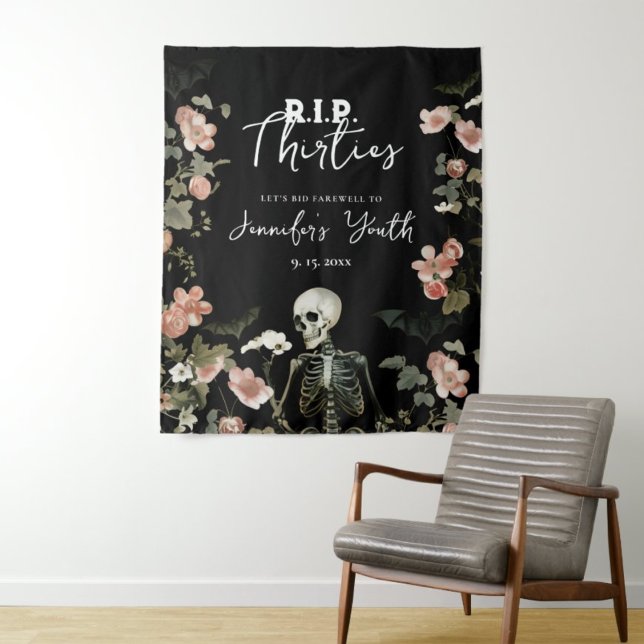 RIP Thirties Skeleton 40th Birthday Party Backdrop Tapestry (Creator Uploaded)
