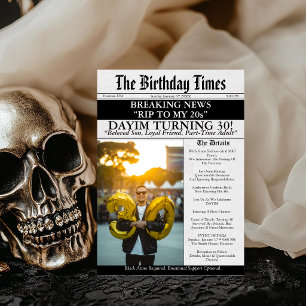 RIP to My 20s Birthday Funny Newspaper 30th  Invitation