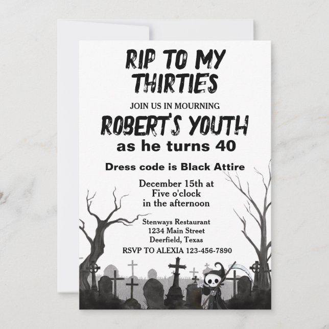 RIP To My Thirties or ANY Age Birthday Party Invitation (Front)