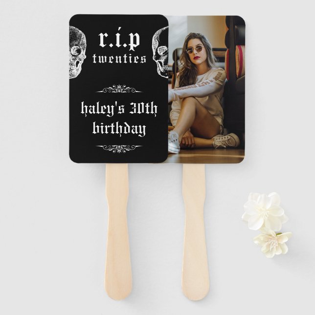 RIP Twenties 20s Funny Skull Photo 30th Birthday Hand Fan (Front and Back)