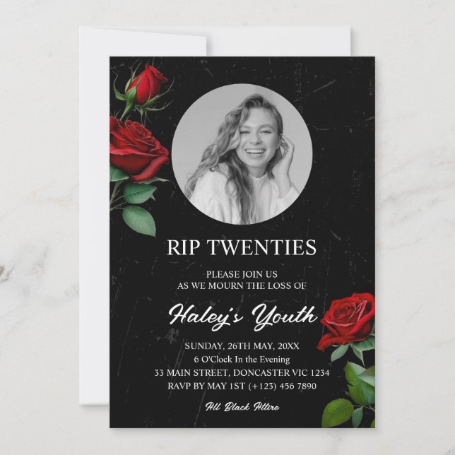 RIP Twenties 20s Rose Funeral 30th Birthday Photo Invitation (Front)