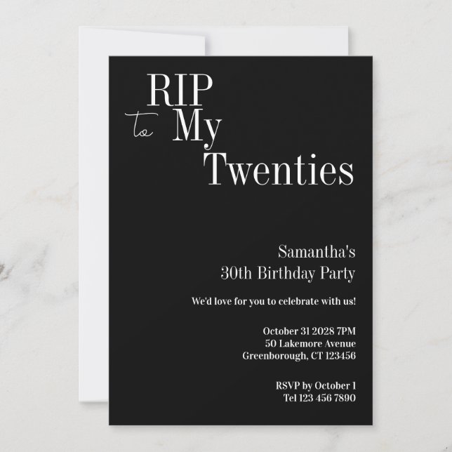 RIP Twenties 30th Birthday Party Black and White Invitation (Front)