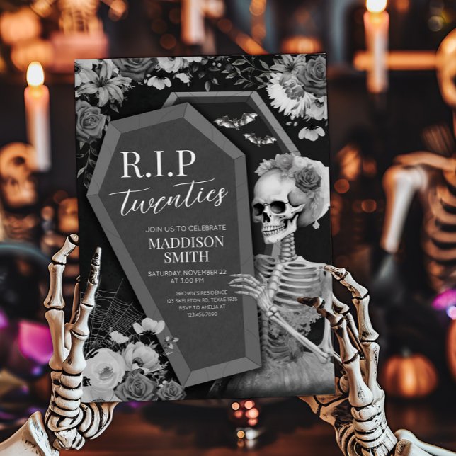 RIP Twenties Floral Skull Halloween Birthday Invitation (RIP Twenties Death to my Twenties Halloween Birthday Invitation)
