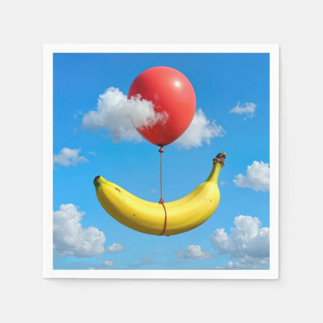 Ripe Banana Floating In Sky with Red Balloon Napkin (Front)